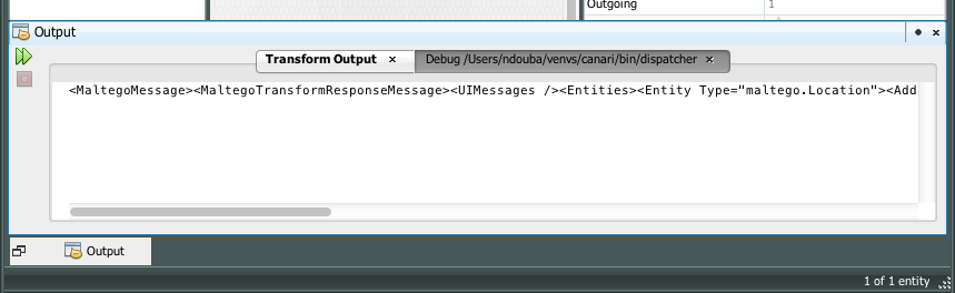 Maltego "Debug" pane