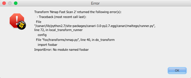 Non-MaltegoException exception appearance