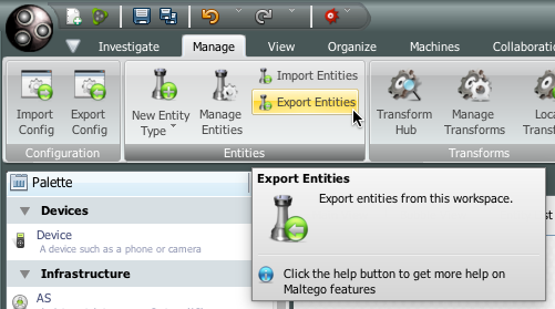 "Export Entities" button.